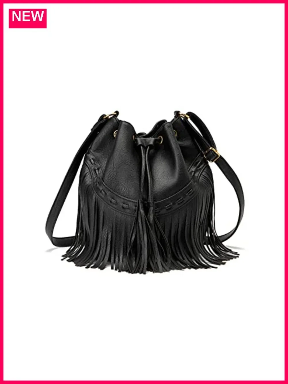 Faux Leather Fringe Bucket Bag Crossbody Purse with Drawstring Tassel Hobo